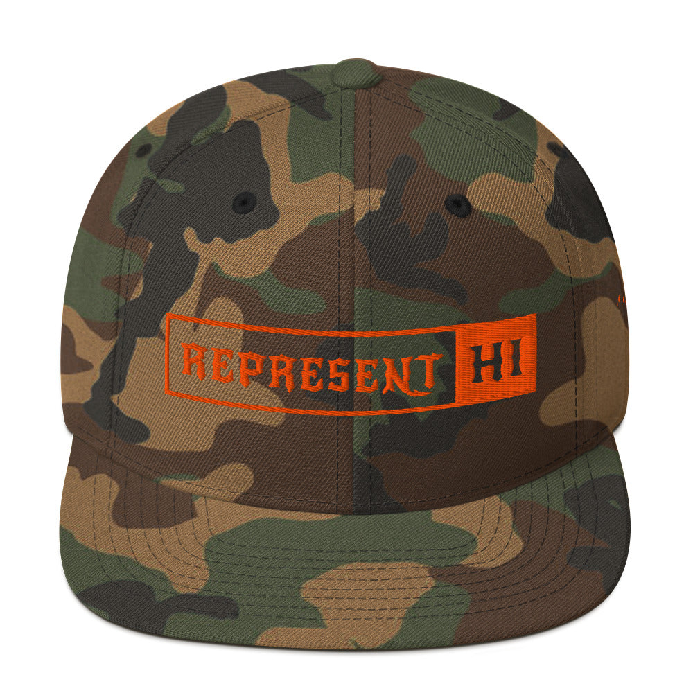 Savage Brand Represent HI Hat — Green Camo with orange embroidery, front #color_Green Camo