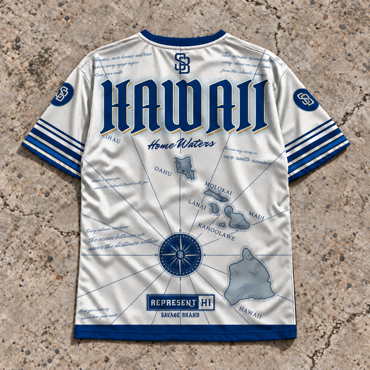 Savage Brand Represent Home Waters Jersey — back view in ocean blue and cream