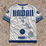 Savage Brand Represent Home Waters Jersey — back view in ocean blue and cream