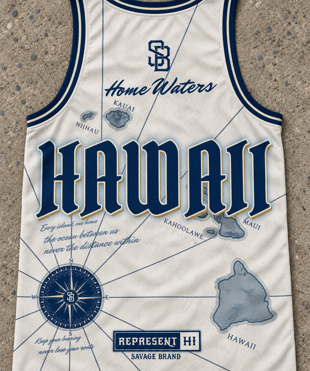 Savage Brand Represent Home Waters Tank — back view in ocean blue and cream