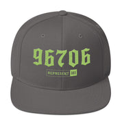 Ewa Beach 96706 Dark Grey/Lime hat — Printful Front
