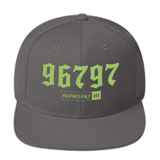 Waipahu 96797 ZIP Snapback Hat — Lime — front view