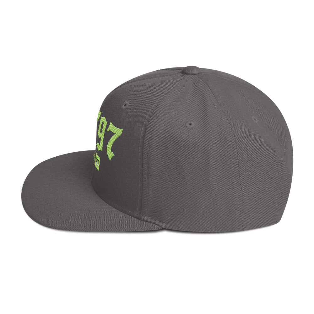 Waipahu 96797 ZIP Snapback Hat — Lime — left side view