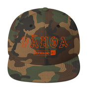 Pāhoa Snapback Hat — Green Camo — orange embroidery — front view