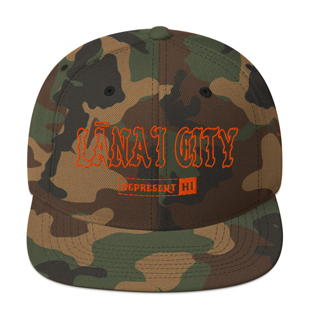 LānaʻI City Snapback Hat — Green Camo — orange embroidery — front view