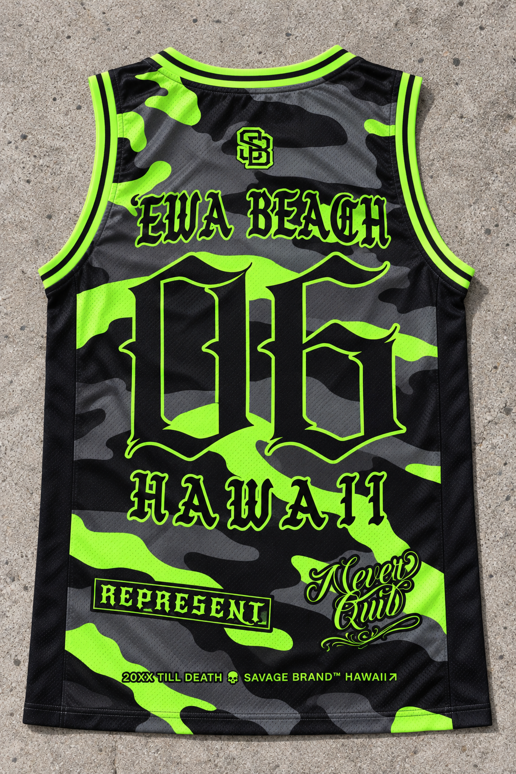 ʻEwa Beach 06 Jersey Tank — Camo Lime — back view