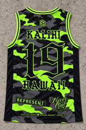 Kalihi 19 Jersey Tank — Camo Lime — back view