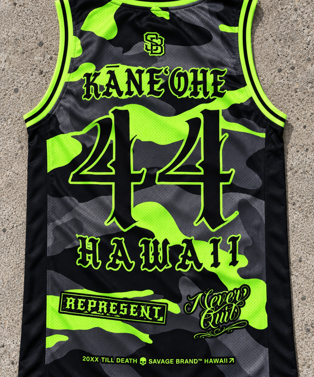 Kāneʻohe 44 Jersey Tank — Camo Lime — back view
