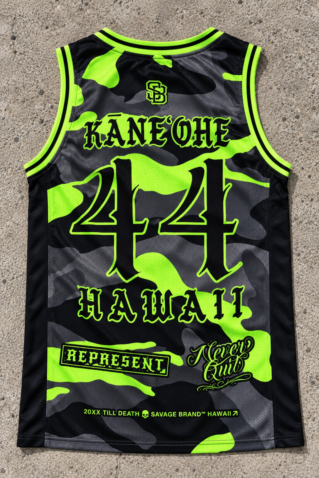 Kāneʻohe 44 Jersey Tank — Camo Lime — back view