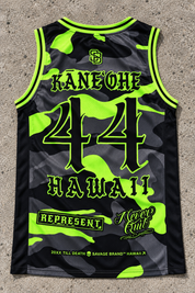 Kāneʻohe 44 Jersey Tank — Camo Lime — back view