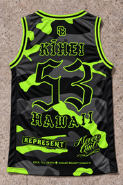 Kīhei 53 Jersey Tank — Camo Lime — back view