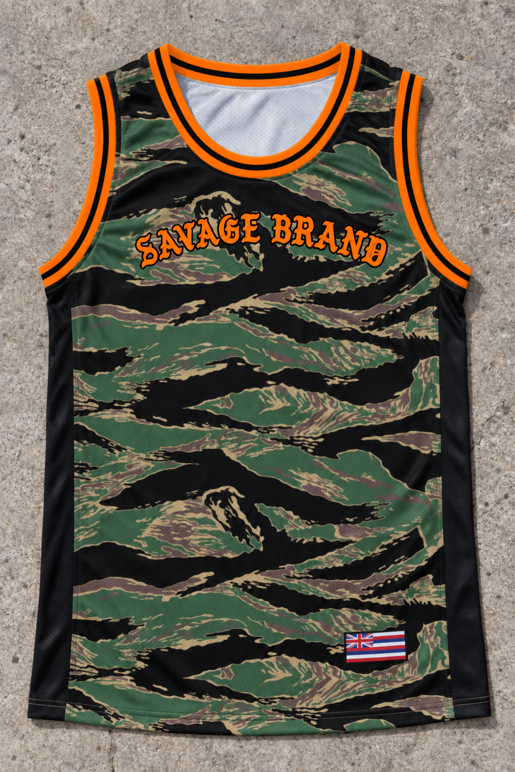 Kihei 53 Jersey Tank Camo Orange — Front flat lay