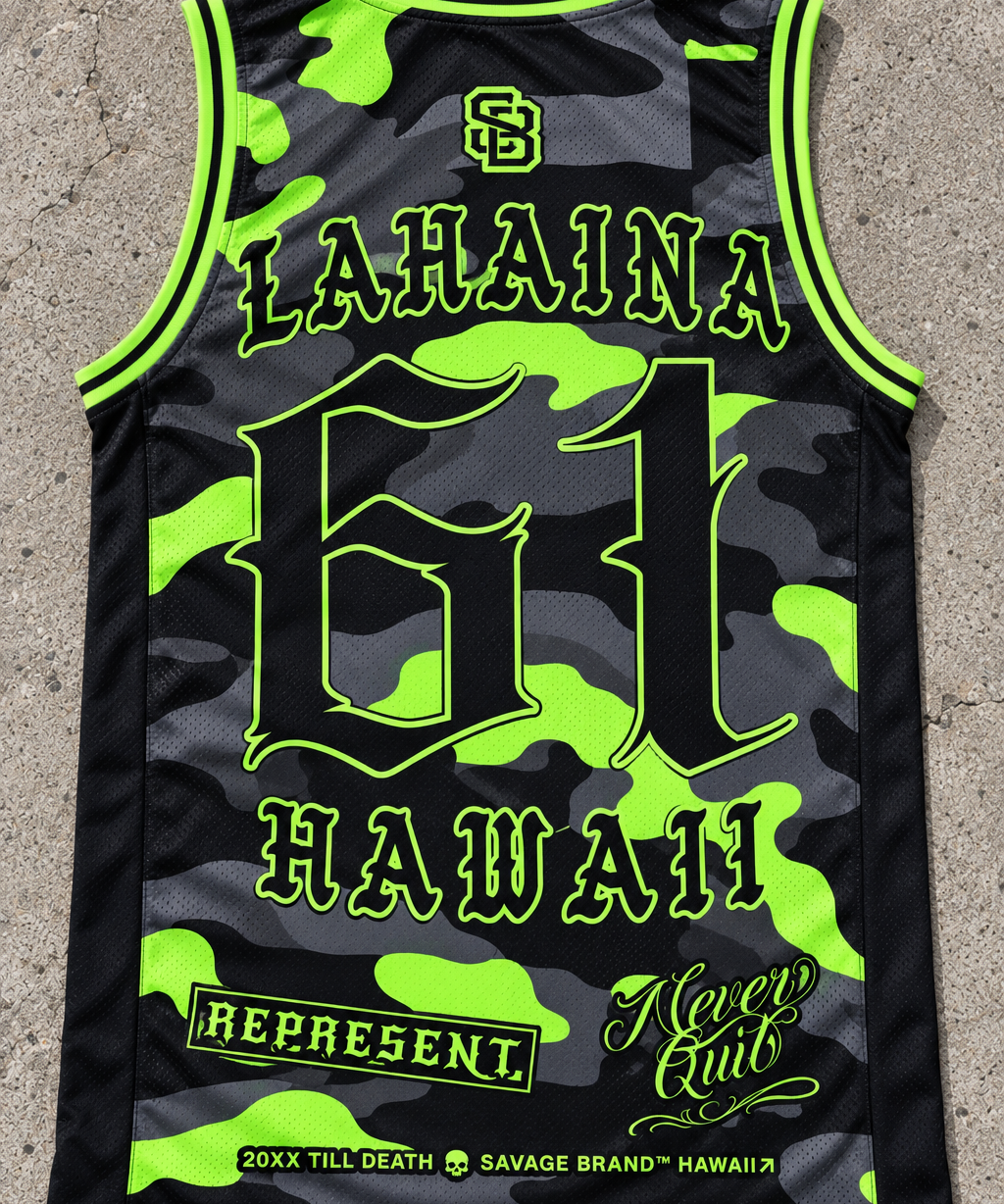 Lahaina 61 Jersey Tank — Camo Lime — back view