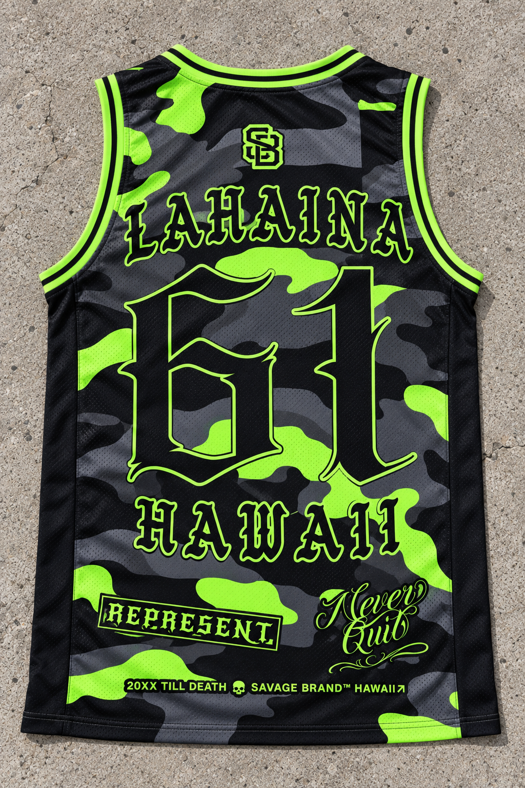 Lahaina 61 Jersey Tank — Camo Lime — back view