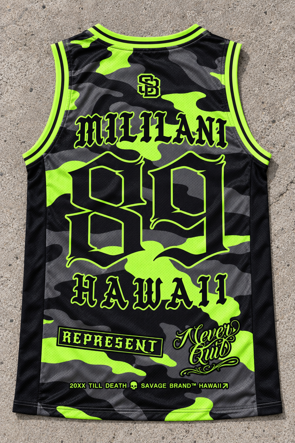 Mililani 89 Jersey Tank — Camo Lime — back view