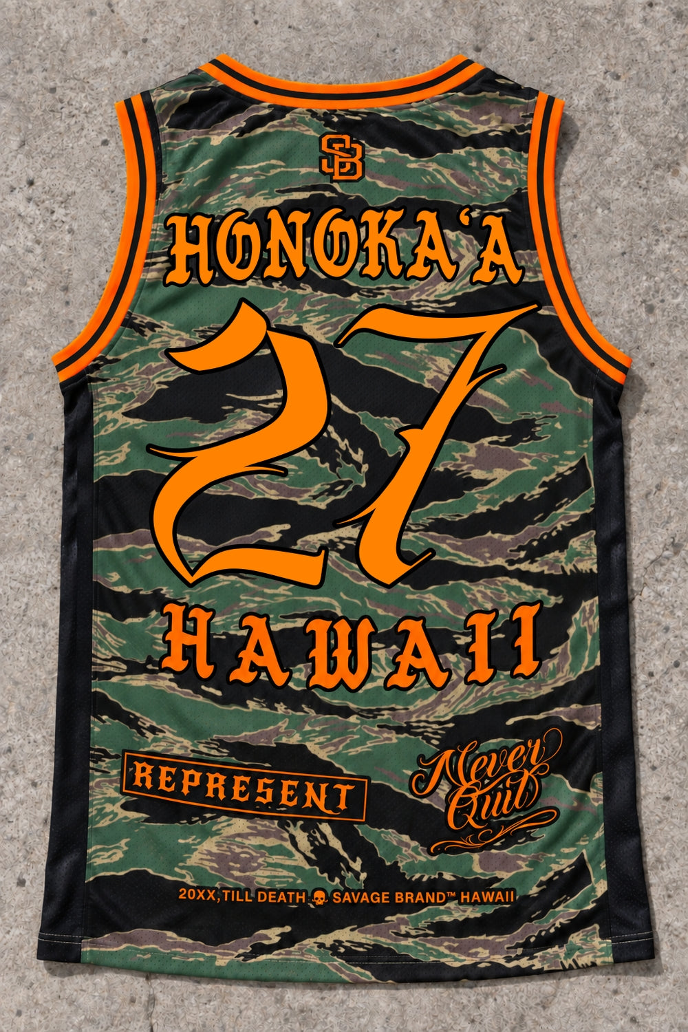 Honokaa 27 Jersey Tank — Camo Orange — Back flat lay