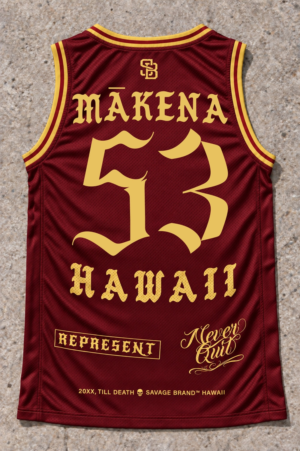 Mākena 53 Jersey Tank — Red & Gold — back view