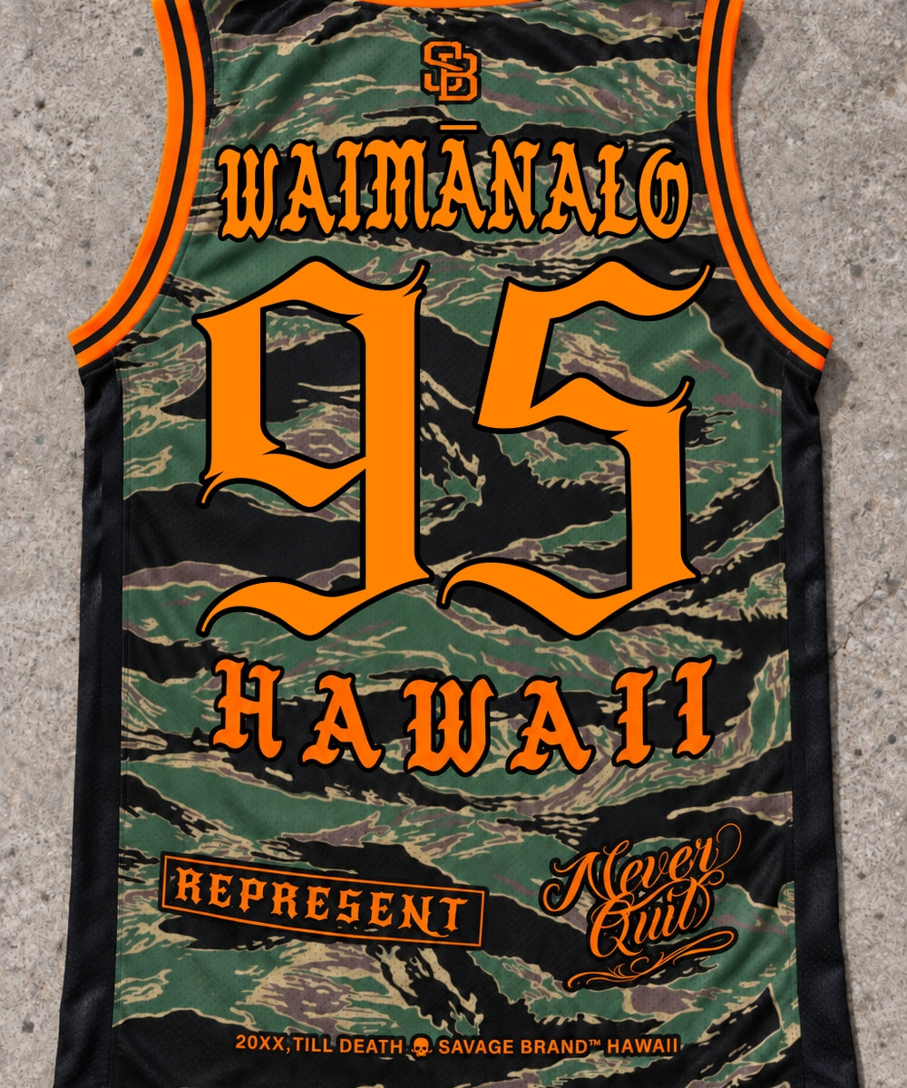 Waimanalo 95 Jersey Tank — Camo Orange — Back flat lay