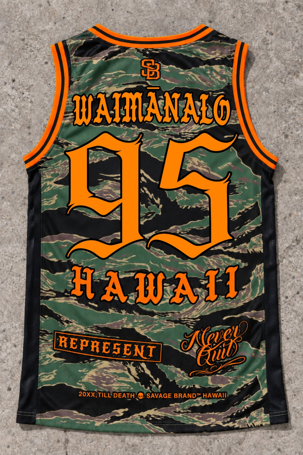 Waimanalo 95 Jersey Tank — Camo Orange — Back flat lay