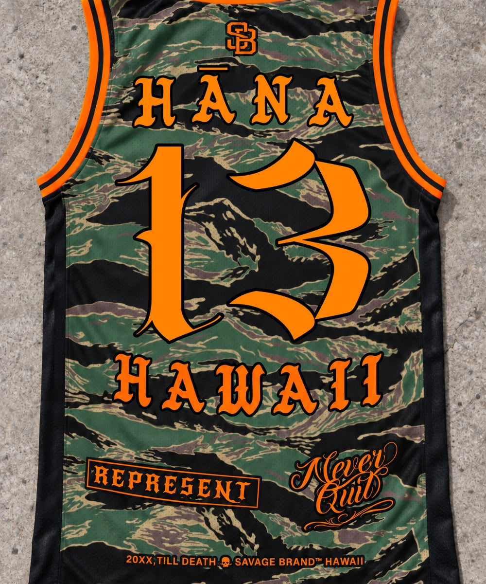 Hana 13 Jersey Tank — Camo Orange — Back flat lay