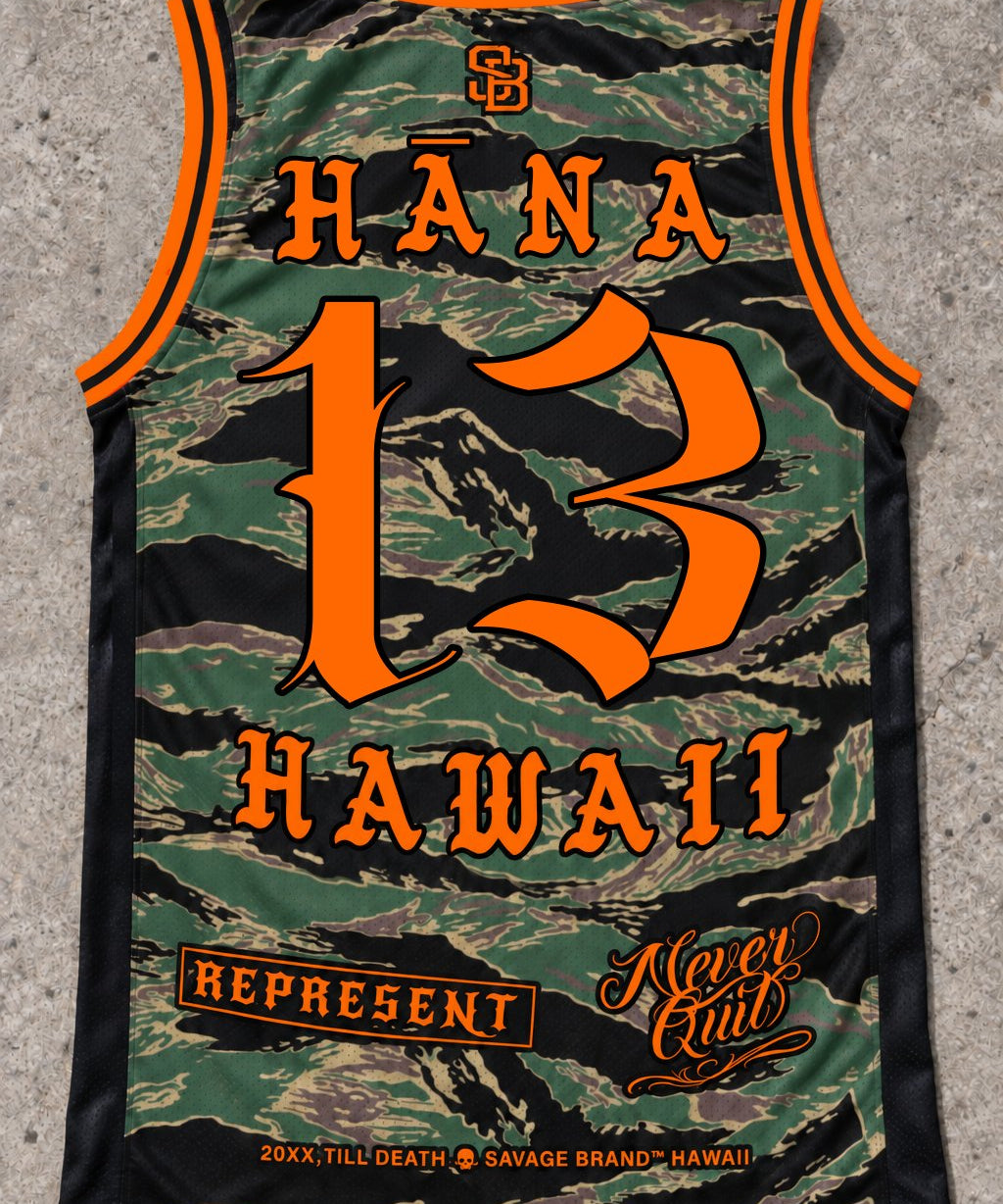 Hana 13 Jersey Tank — Camo Orange — Back flat lay