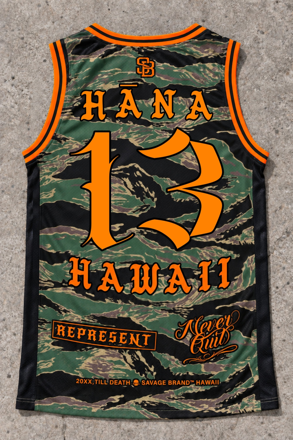 Hana 13 Jersey Tank — Camo Orange — Back flat lay