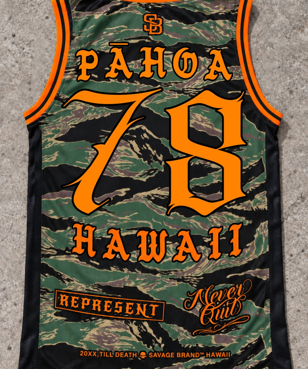 Pahoa 78 Jersey Tank — Camo Orange — Back flat lay