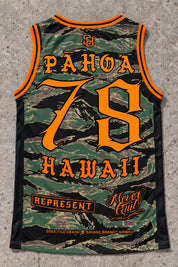 Pahoa 78 Jersey Tank — Camo Orange — Back flat lay