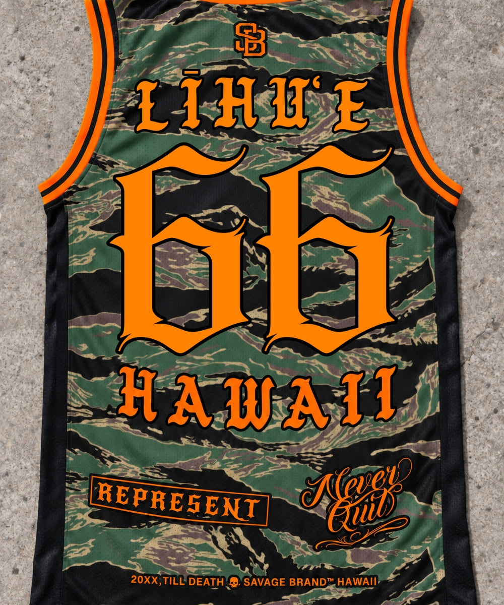 Lihue 66 Jersey Tank — Camo Orange — Back flat lay