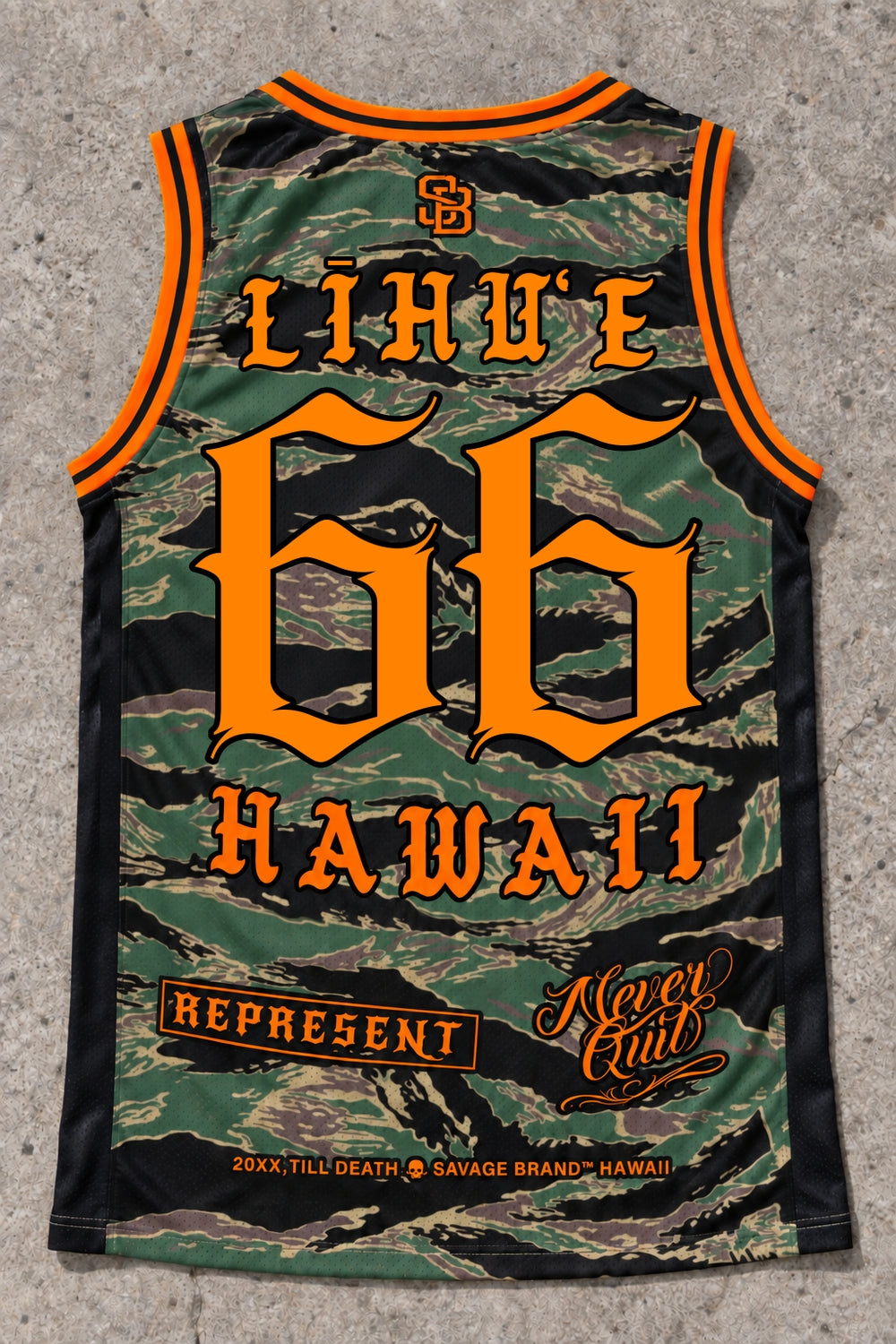 Lihue 66 Jersey Tank — Camo Orange — Back flat lay
