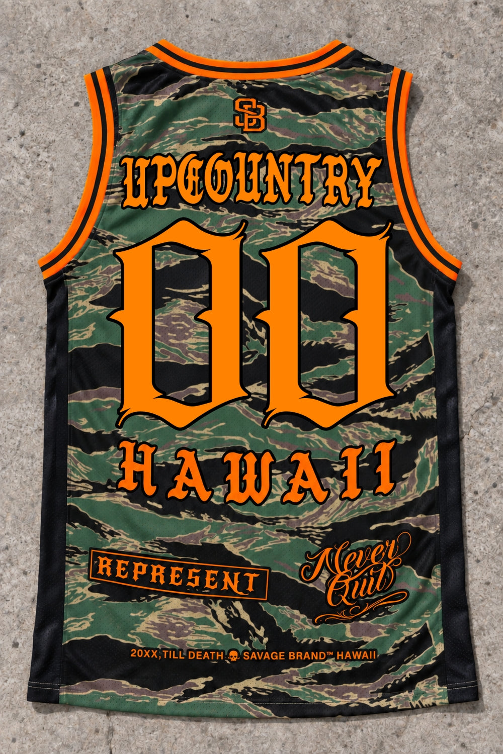 Upcountry 00 Jersey Tank — Camo Orange — Back flat lay