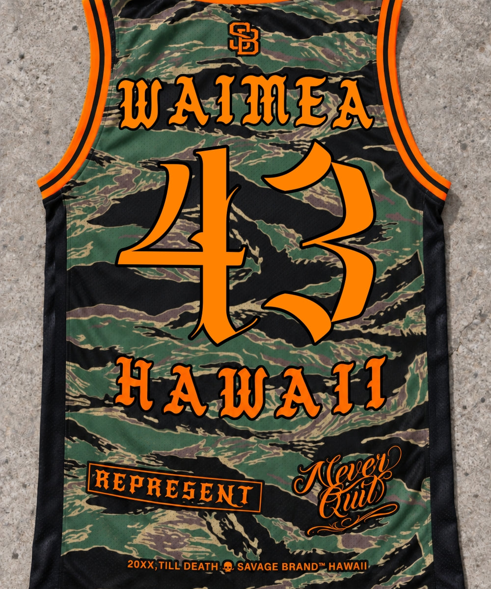 Waimea 43 Jersey Tank — Camo Orange — Back flat lay