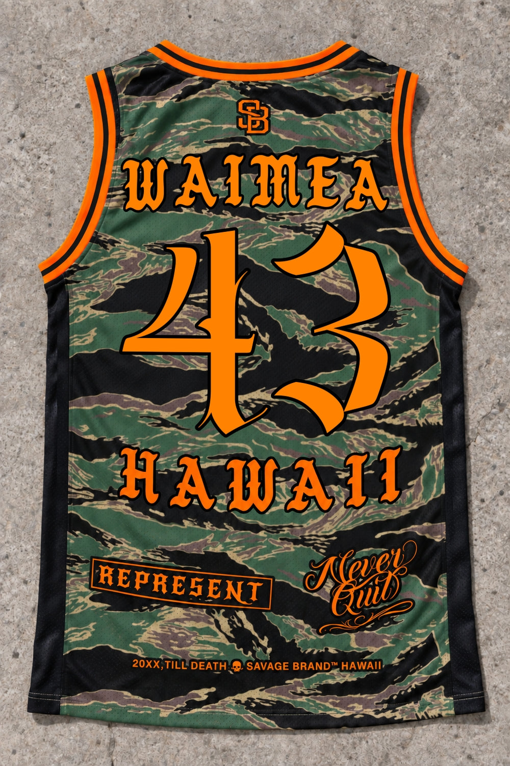 Waimea 43 Jersey Tank — Camo Orange — Back flat lay