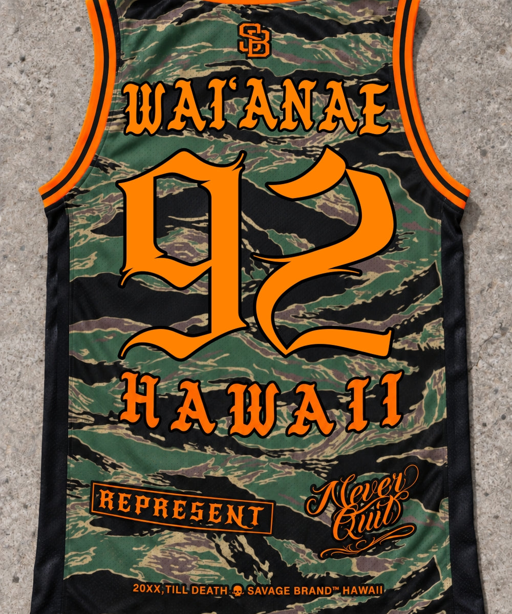 Waianae 92 Jersey Tank — Camo Orange — Back flat lay
