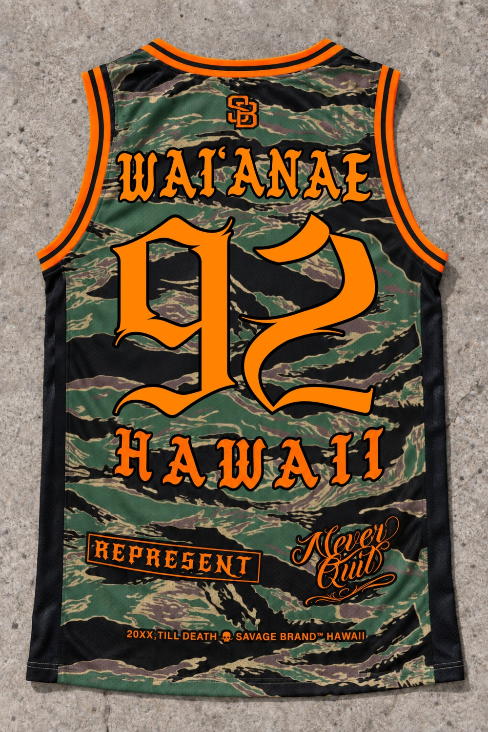 Waianae 92 Jersey Tank — Camo Orange — Back flat lay