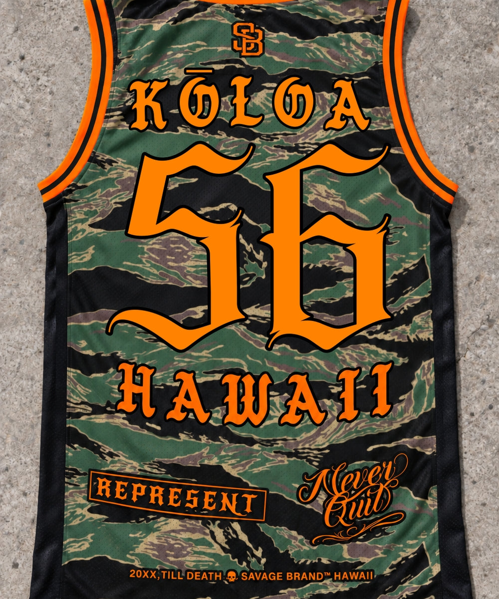 Koloa 56 Jersey Tank — Camo Orange — Back flat lay