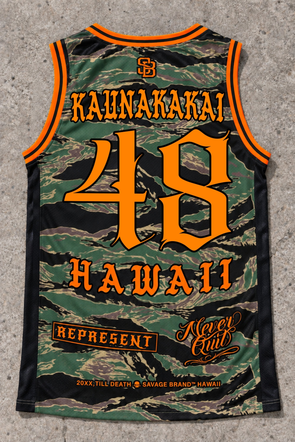 Kaunakakai 48 Jersey Tank — Camo Orange — Back flat lay