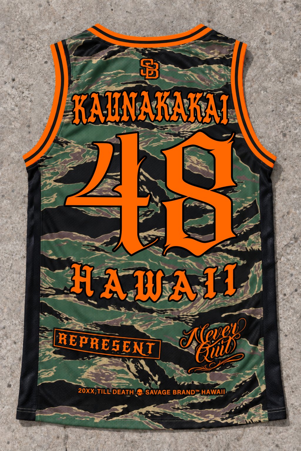Kaunakakai 48 Jersey Tank — Camo Orange — Back flat lay
