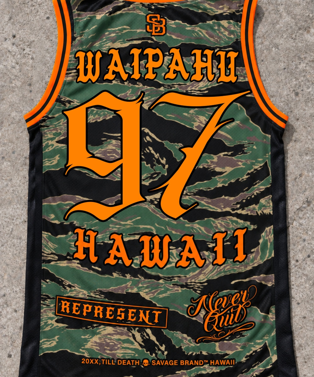 Waipahu 97 Jersey Tank — Camo Orange — Back flat lay