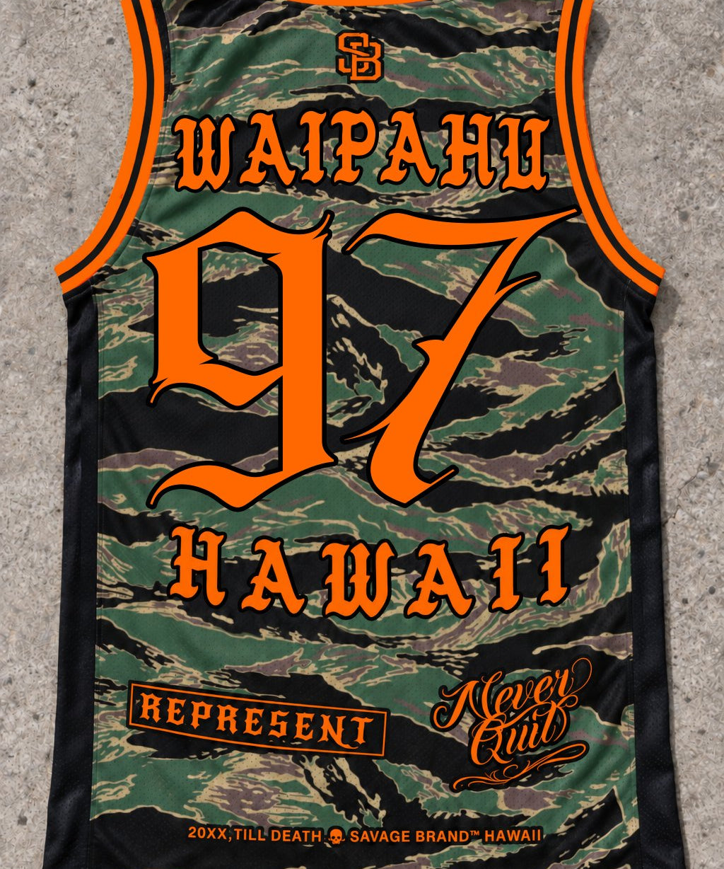 Waipahu 97 Jersey Tank — Camo Orange — Back flat lay