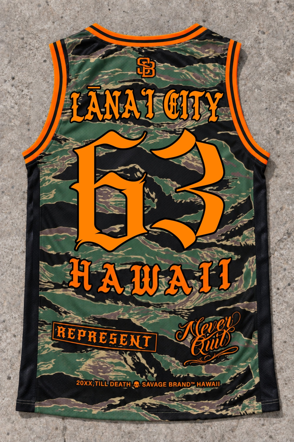 Lanai City 63 Jersey Tank — Camo Orange — Back flat lay