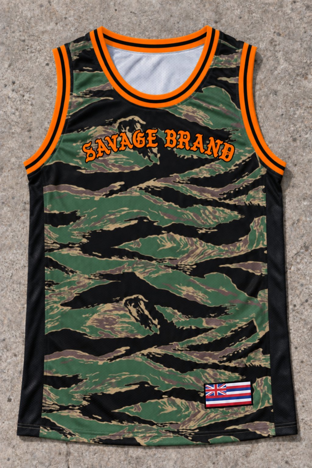 Upcountry 00 Jersey Tank — Camo Orange — Front flat lay