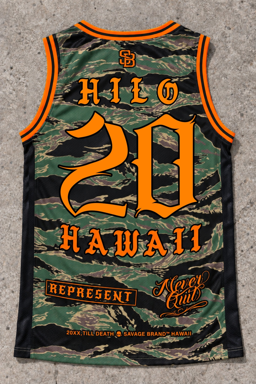 Hilo 20 Jersey Tank — Camo Orange — Back flat lay
