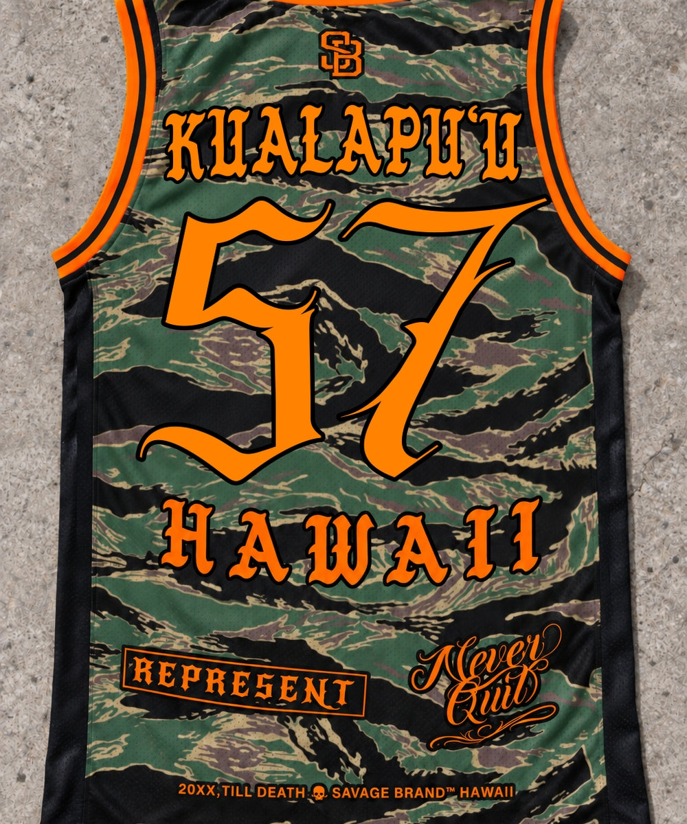 Kualapuu 57 Jersey Tank — Camo Orange — Back flat lay