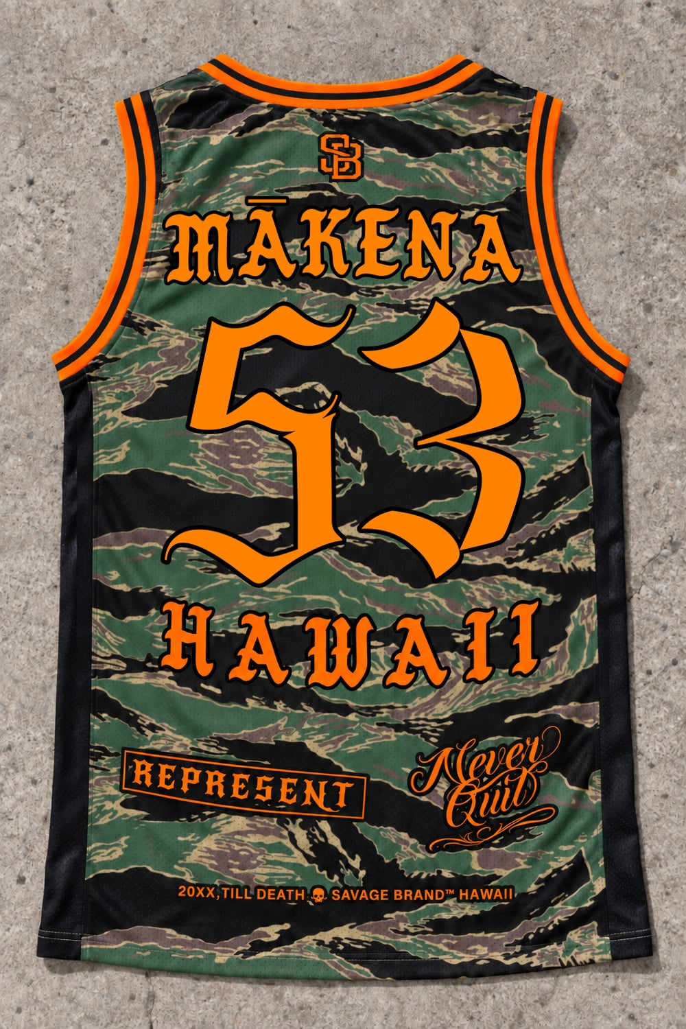 Mākena 53 Jersey Tank — Camo Orange — back view