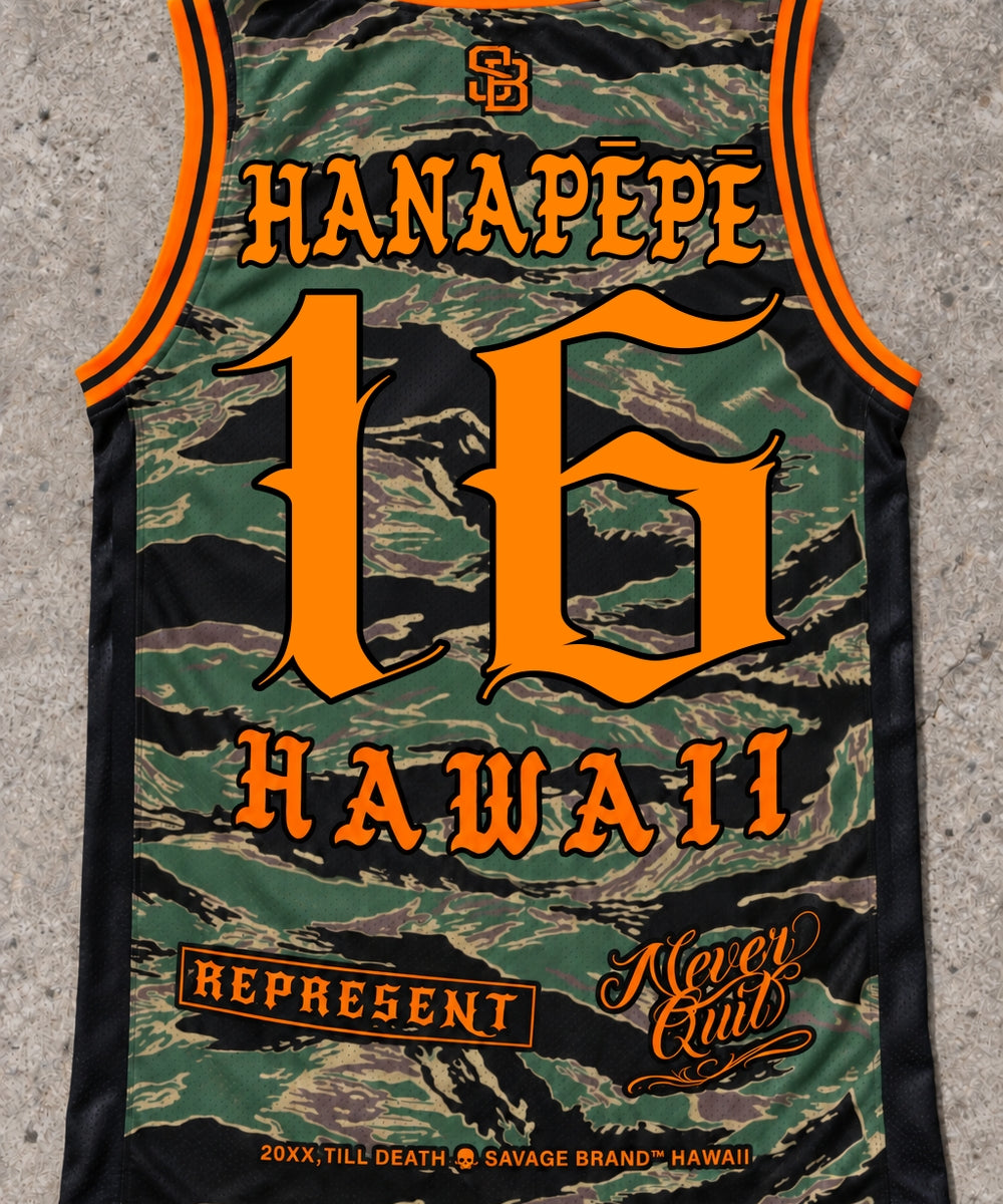 Hanapepe 16 Jersey Tank — Camo Orange — Back flat lay