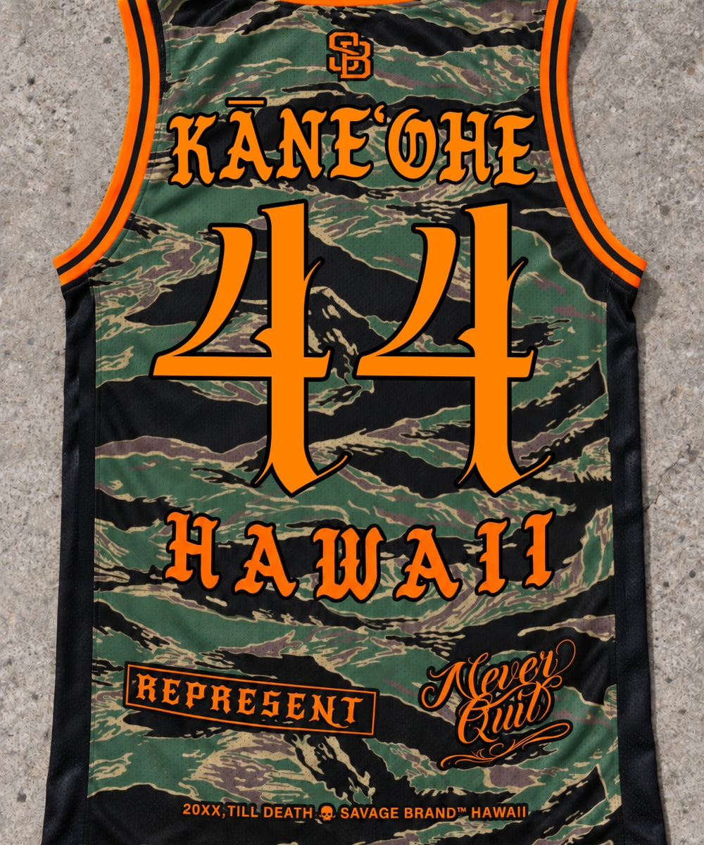 Kaneohe 44 Jersey Tank — Camo Orange — Back flat lay