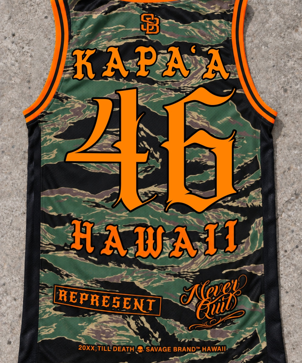 Kapaa 46 Jersey Tank — Camo Orange — Back flat lay