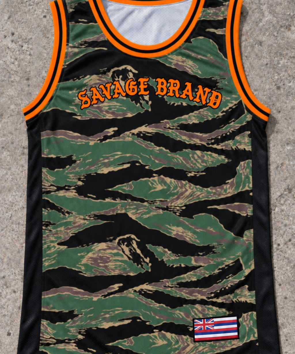 Kaneohe 44 Jersey Tank — Camo Orange — Front flat lay