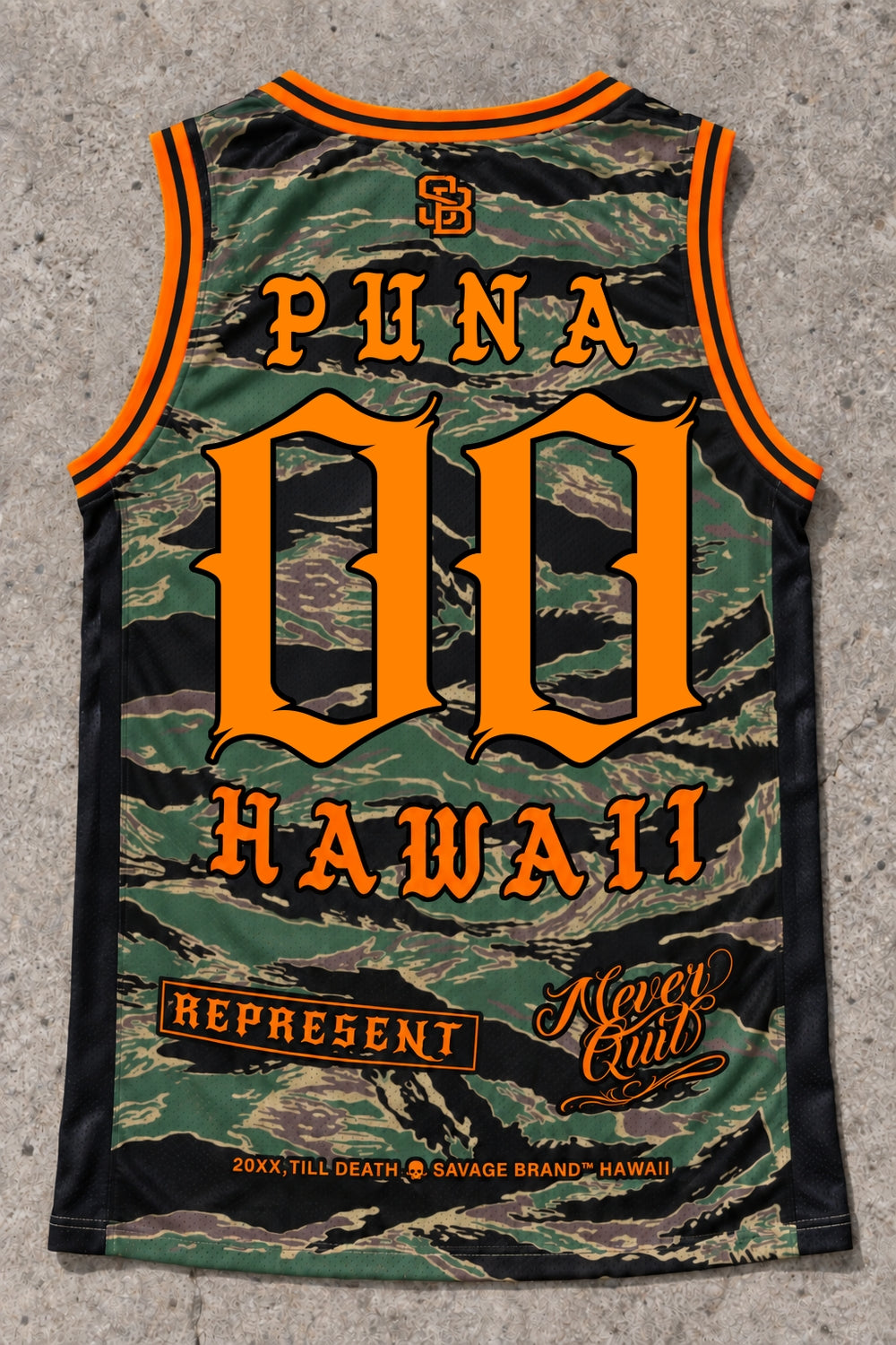 Puna 00 Jersey Tank — Camo Orange — Back flat lay